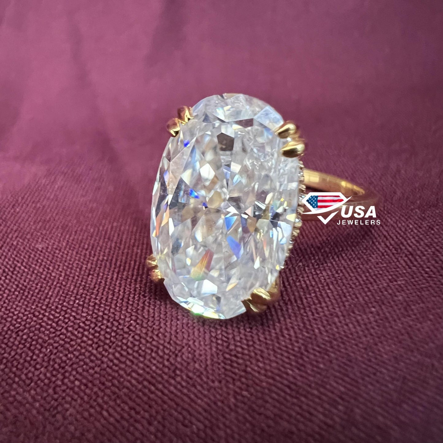 8Ct Solitaire Iced Crushed Oval Moissanite Diamond Double Claw Engagement Ring