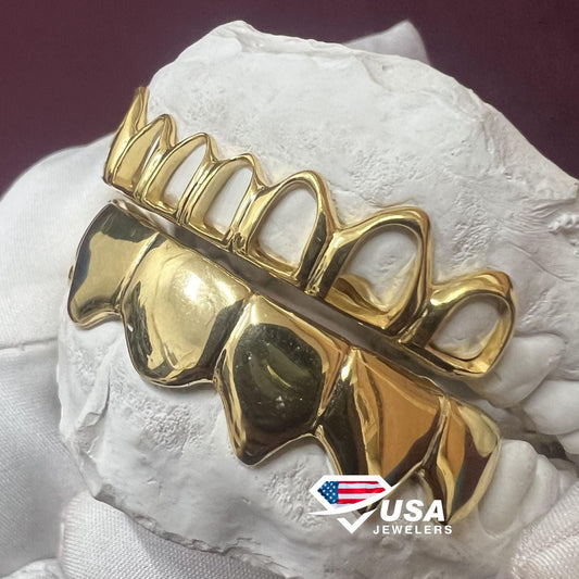 10KT Yellow Gold 8 Teeth Driping and 8 Teeth Plain Gold Grillz Set