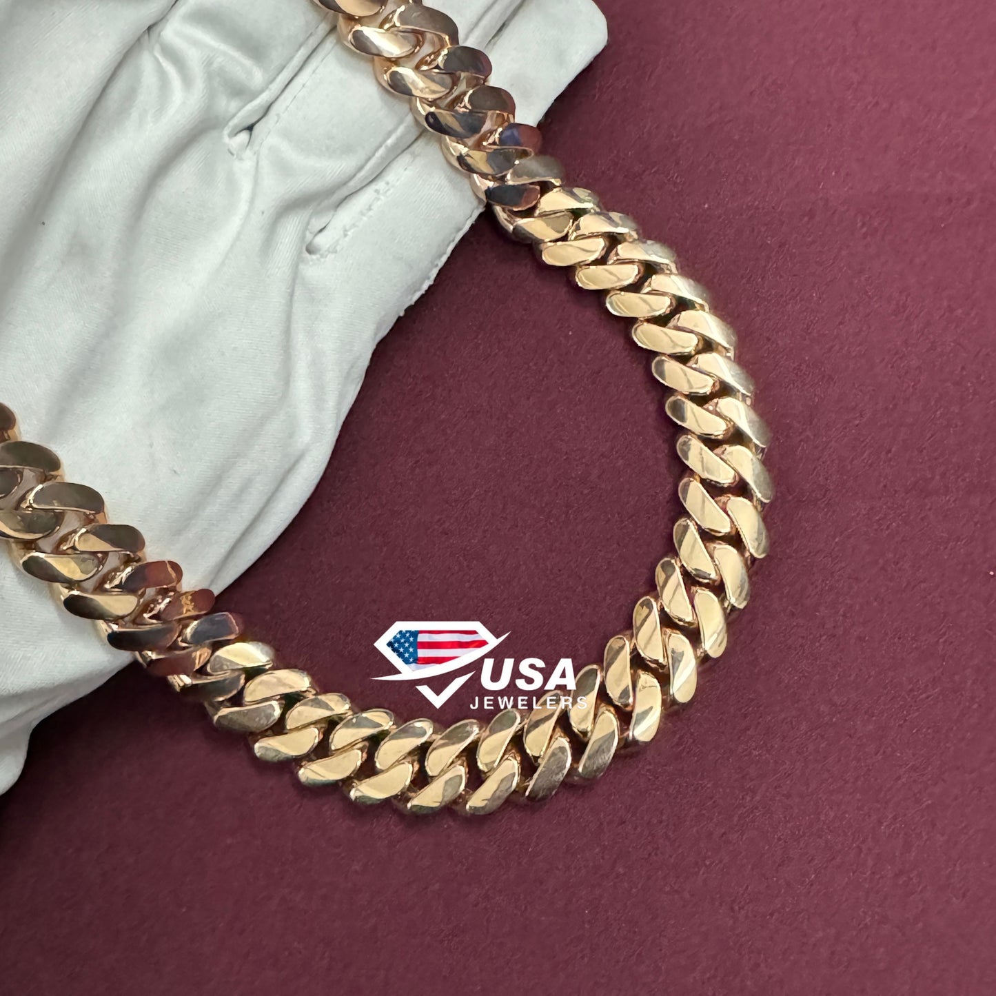 14MM Customized Claps Lab Diamond 14K Gold Plain Miami Cuban Chain