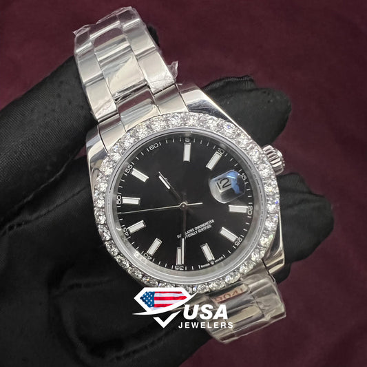 41MM Bezel Moissanite Diamond Black Watch