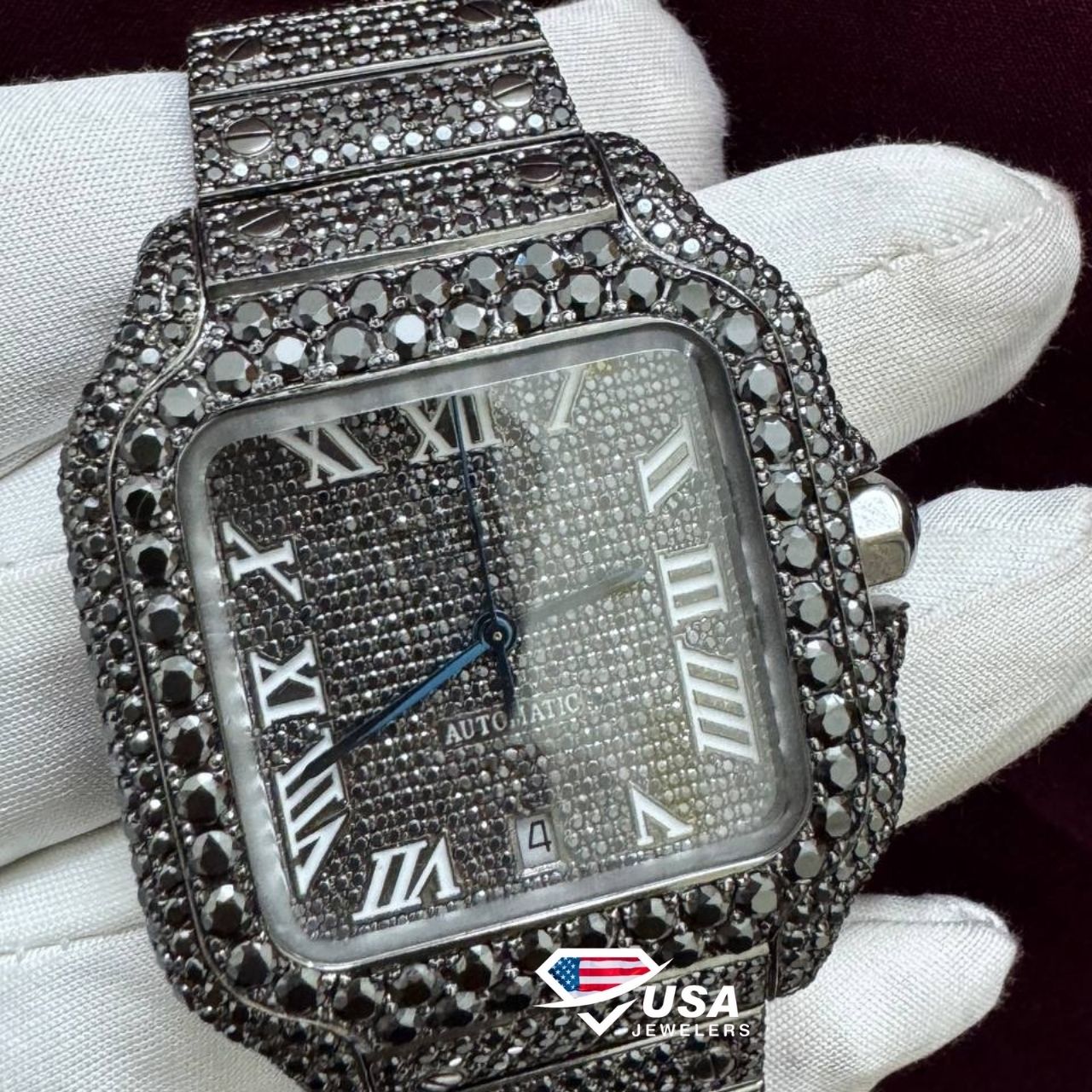 41MM VVS Black Moissanite Diamond Roman dial Hip Hop Watch for Men