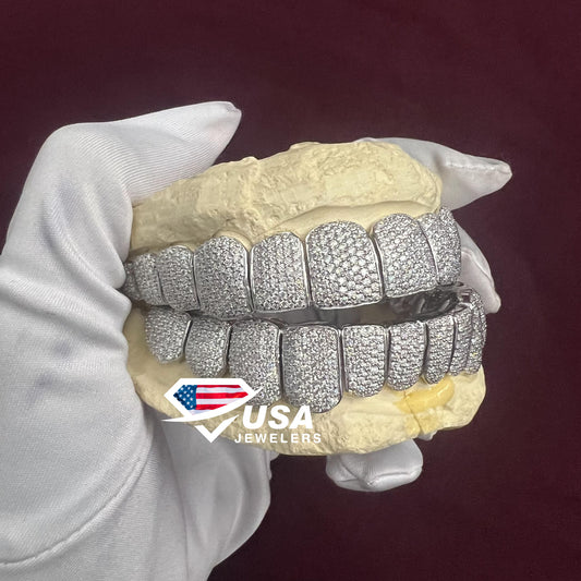 VVS1 Moissanite Diamond Top and Bottom Diamond Grills Set, Silver Grills