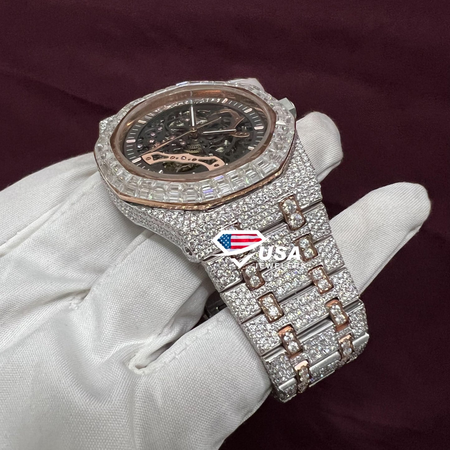 41mm Moissanite Diamond Fully Iced Out Baguette Bezel Two tone  Watch