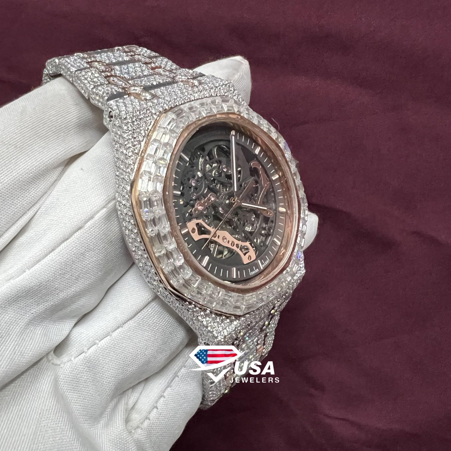 41mm Moissanite Diamond Fully Iced Out Baguette Bezel Two tone  Watch