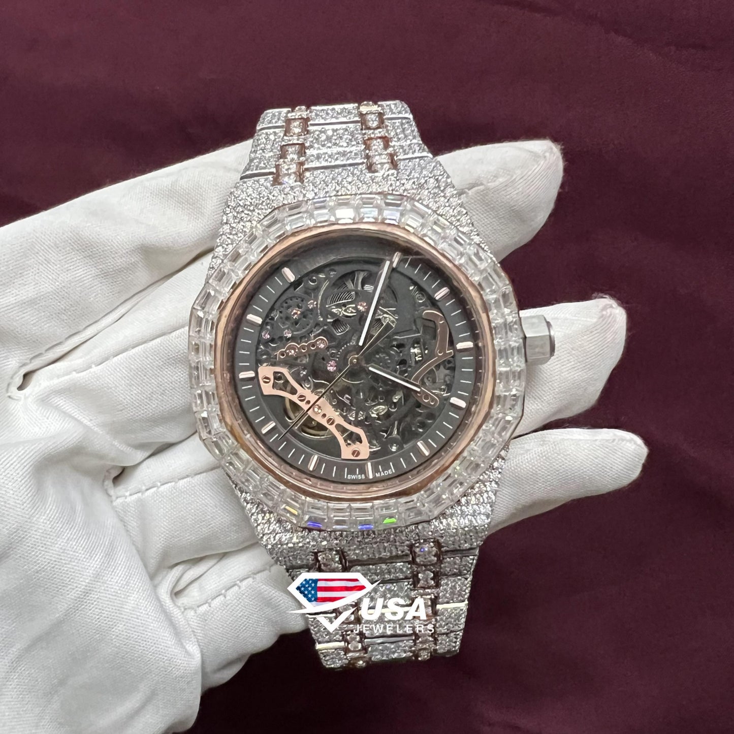 41mm Moissanite Diamond Fully Iced Out Baguette Bezel Two tone  Watch