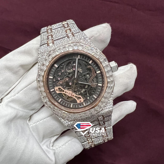 41mm Moissanite Diamond Fully Iced Out Baguette Bezel Two tone  Watch