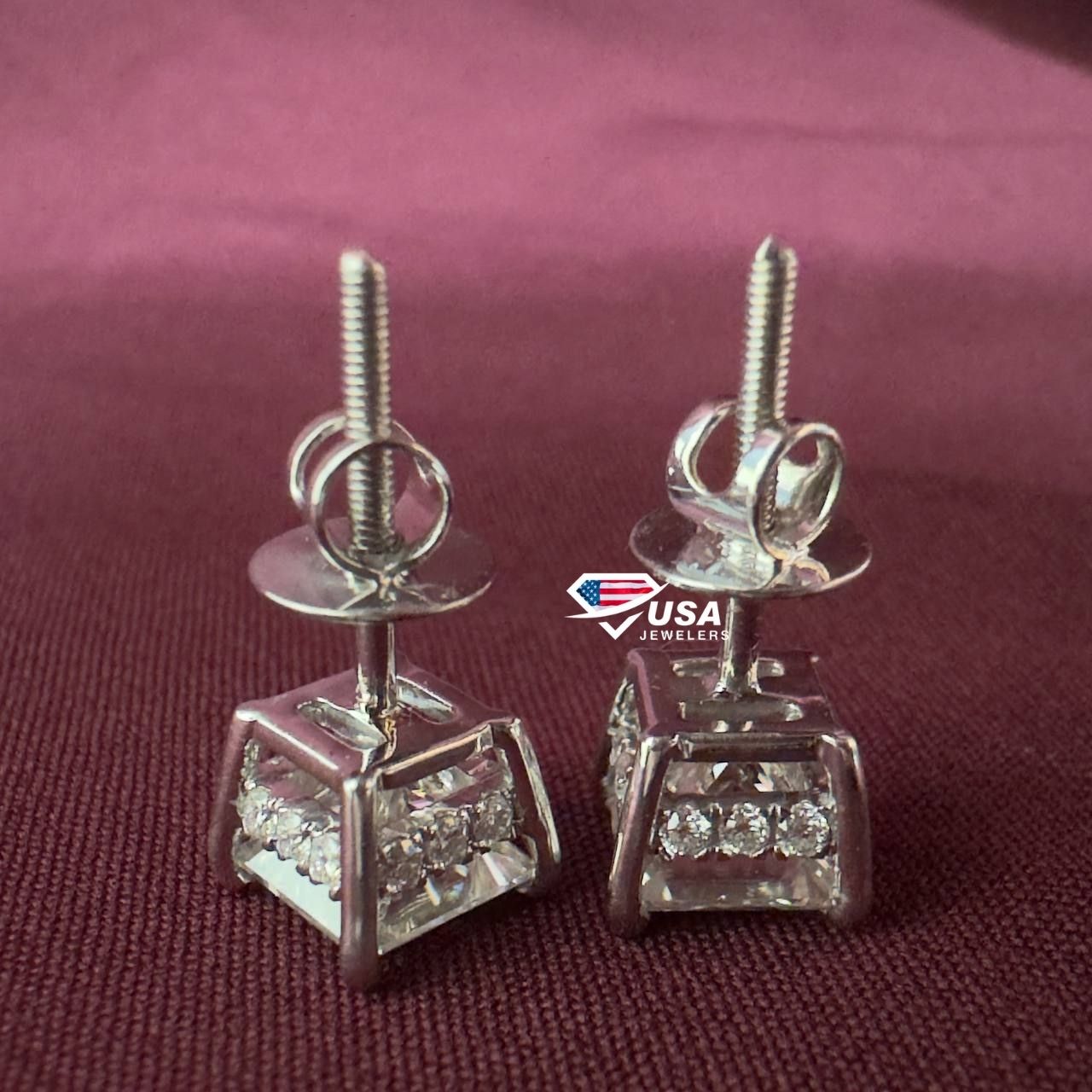 8mm Princess Cut E VS1 Screw Back Earrings, 14KT White gold Basket Stud Earring