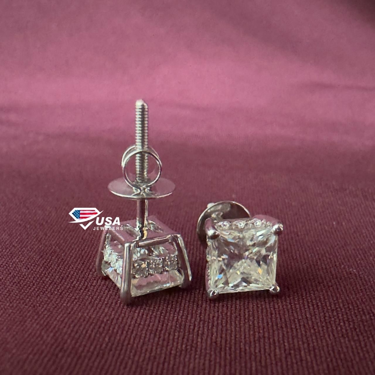 8mm Princess Cut E VS1 Screw Back Earrings, 14KT White gold Basket Stud Earring