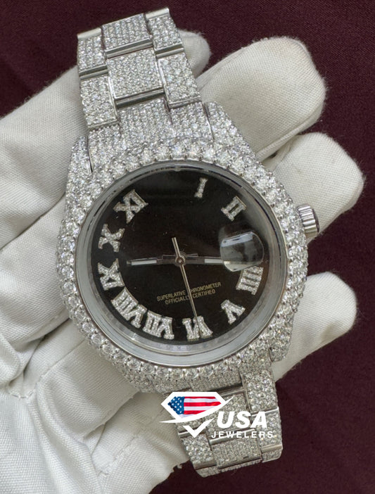 41mm VVS Moissanite Diamond Hip Hop Black Roman Dial Watch