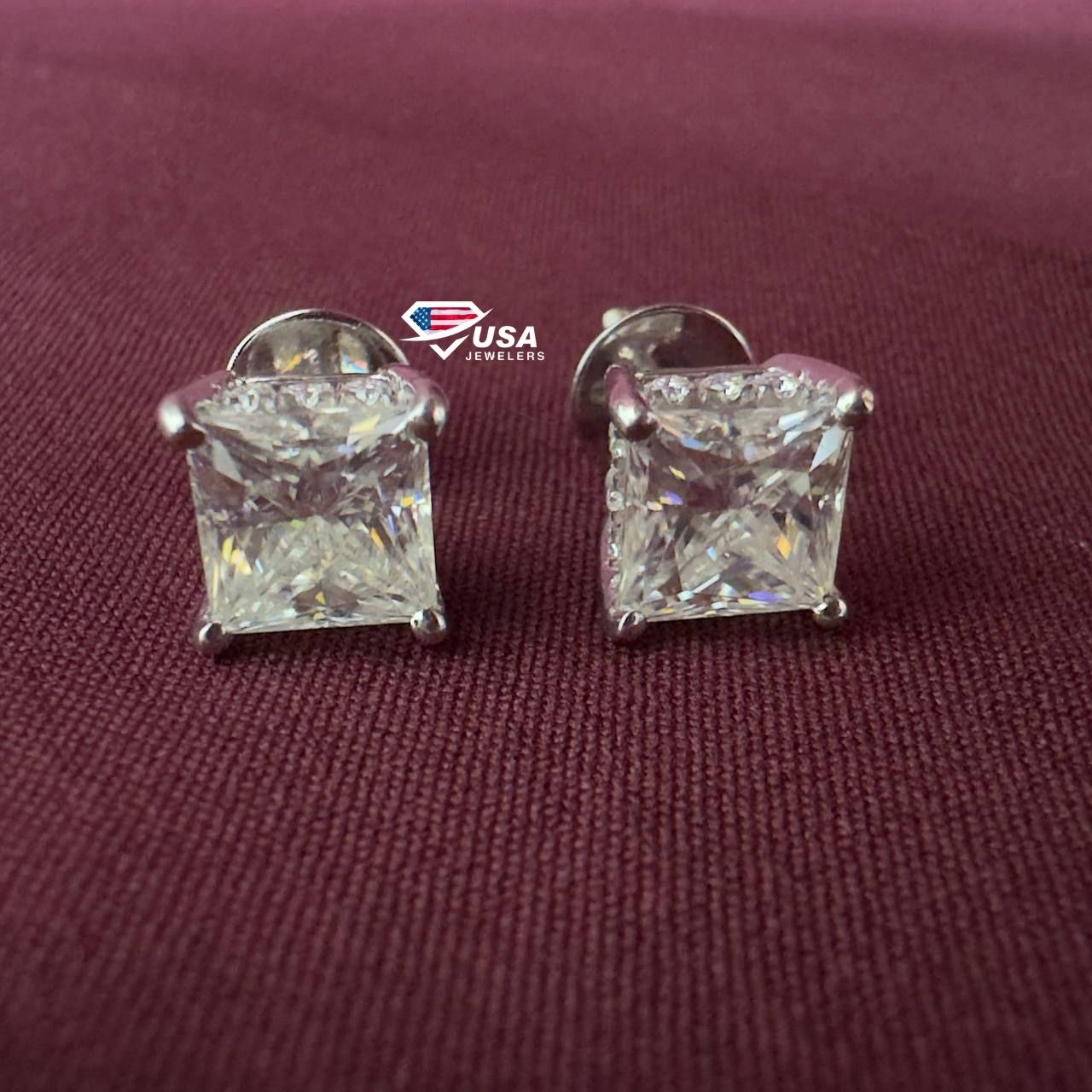 8mm Princess Cut E VS1 Screw Back Earrings, 14KT White gold Basket Stud Earring