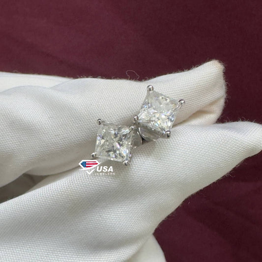 8mm Princess Cut E VS1 Screw Back Earrings, 14KT White gold Basket Stud Earring