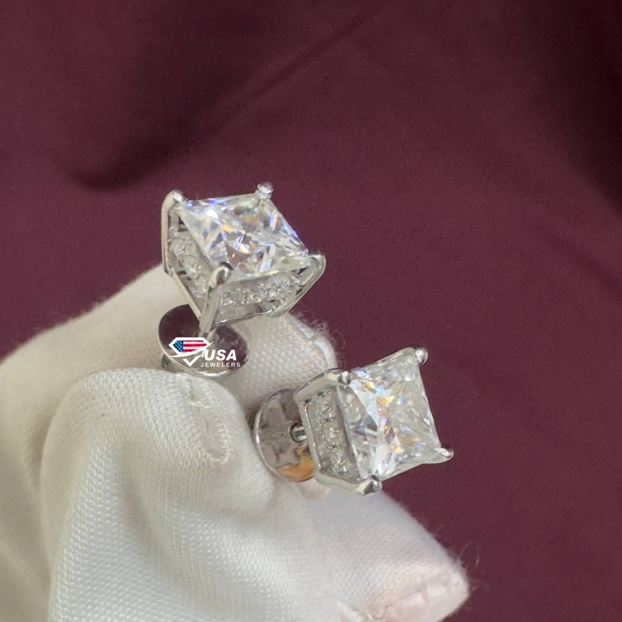 8mm Princess Cut E VS1 Screw Back Earrings, 14KT White gold Basket Stud Earring