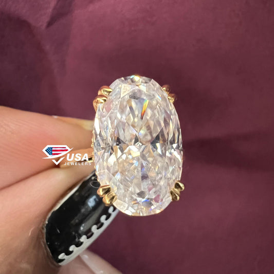 8Ct Solitaire Iced Crushed Oval Moissanite Diamond Double Claw Engagement Ring