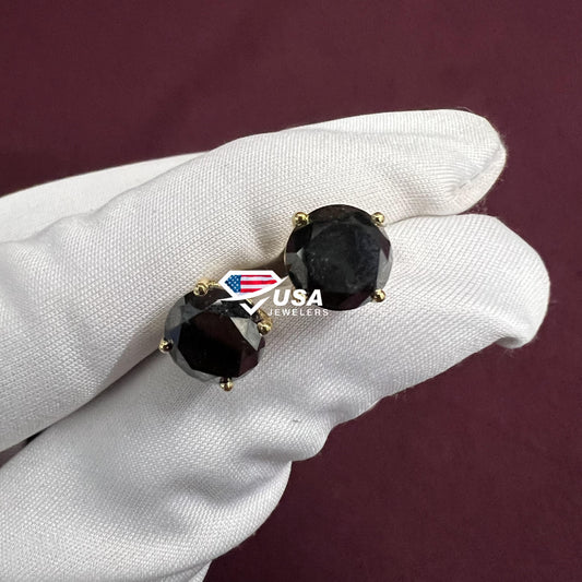 8.5mm Black Natural Round Diamond Screw Back Earrings, 14K Yellow Gold Basket Stud Earring