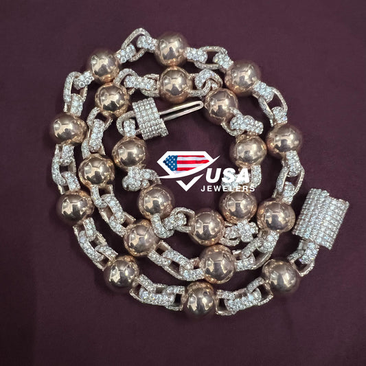 12MM VVS Lab Diamond Solid Clustered Ball Chain , Hip Hop Ball Chain For men