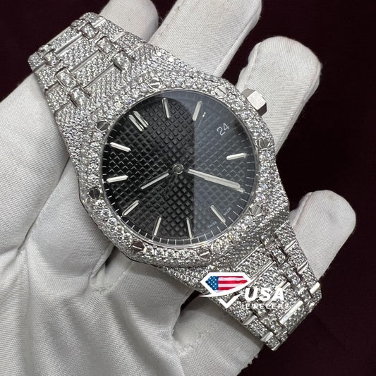 41mm Moissanite Diamond Fully Iced Out Black Dial Watch