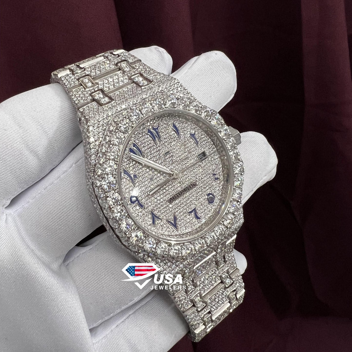 41MM VVS Moissanite Diamond Fully iced Blue Dial Arabic Watch