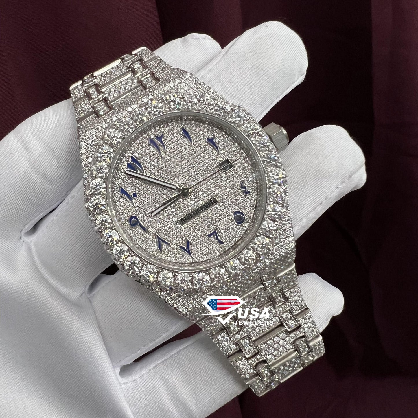 41MM VVS Moissanite Diamond Fully iced Blue Dial Arabic Watch