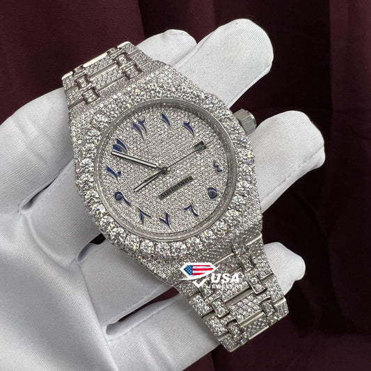 41MM VVS Moissanite Diamond Fully iced Blue Dial Arabic Watch