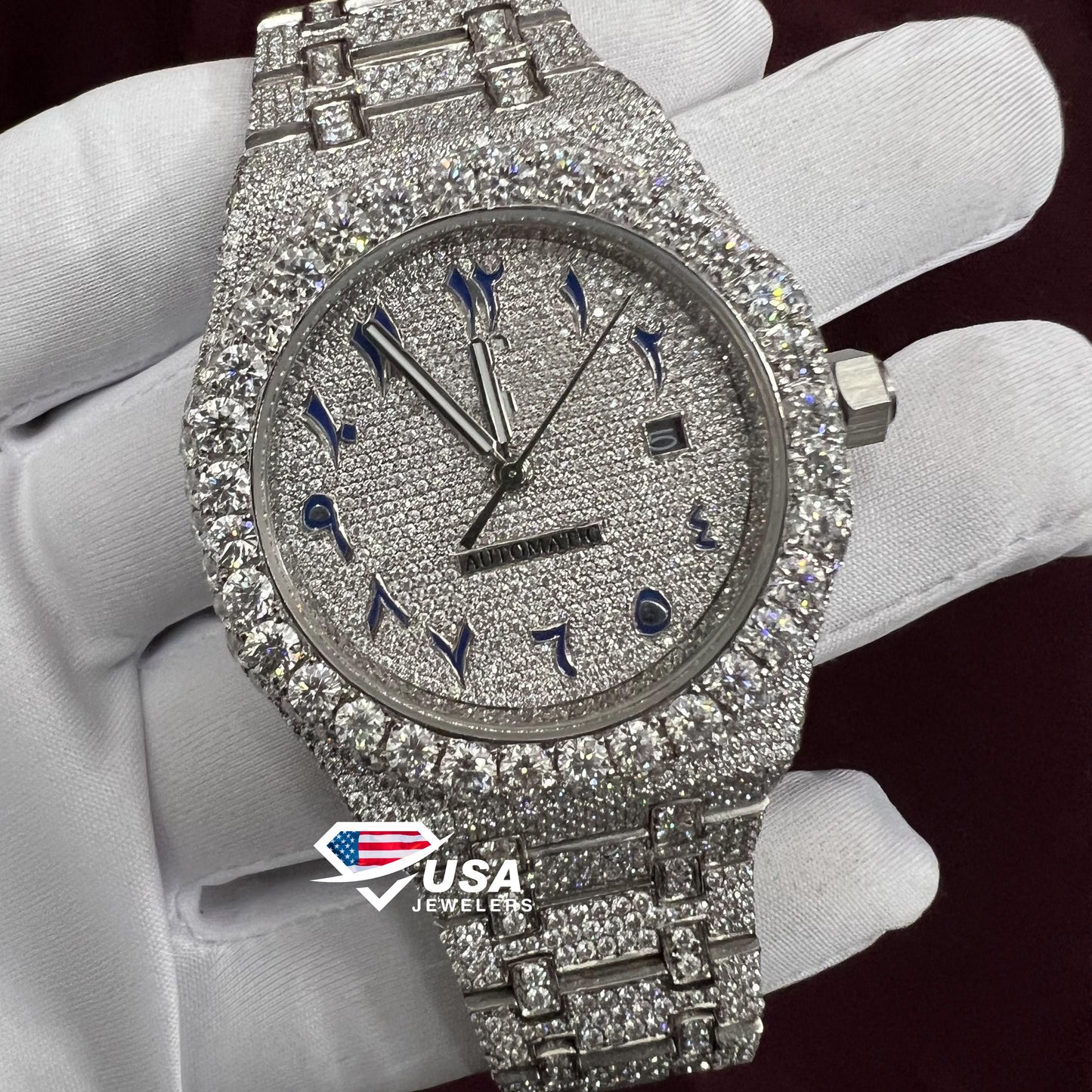 41MM VVS Moissanite Diamond Fully iced Blue Dial Arabic Watch