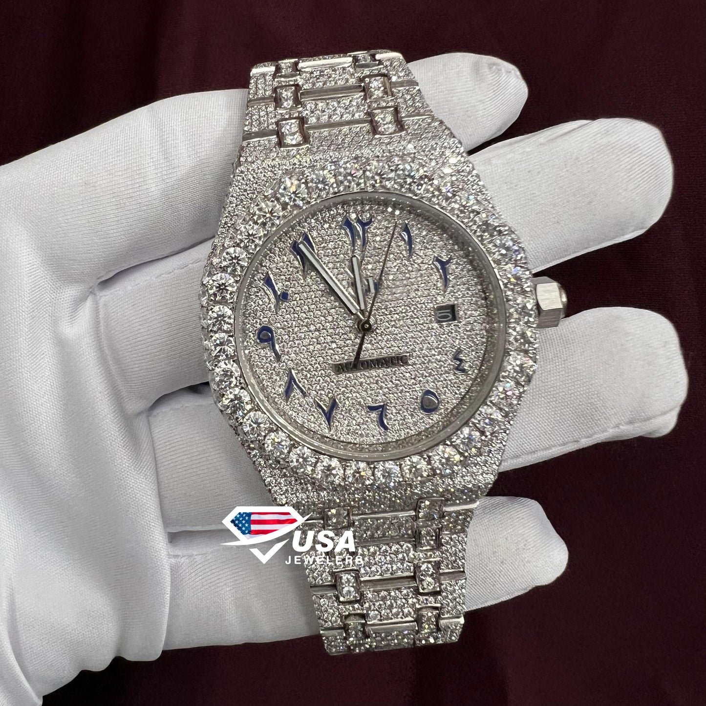 41MM VVS Moissanite Diamond Fully iced Blue Dial Arabic Watch