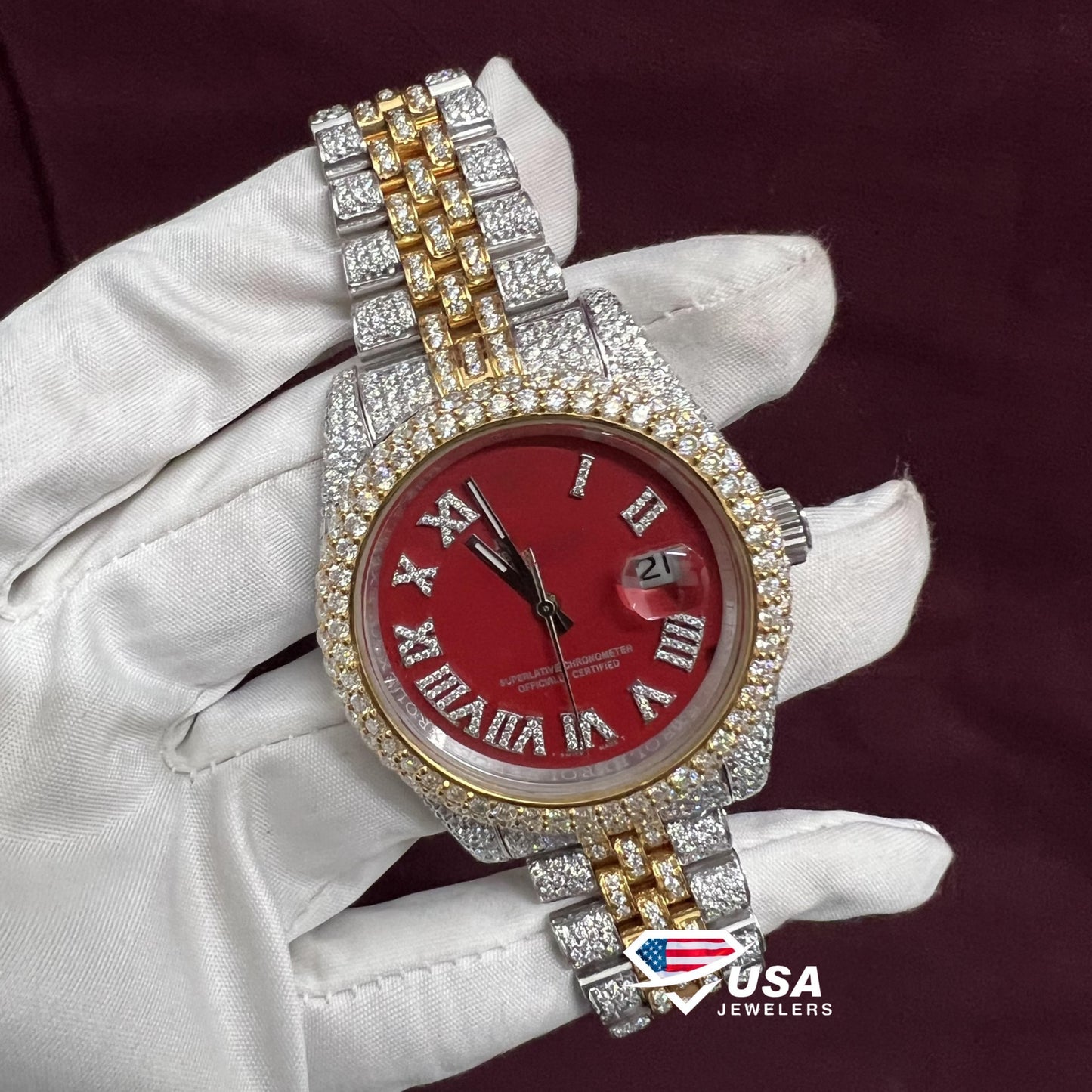41mm VVS Lab Diamond Red Dial Swiss Movement Watch