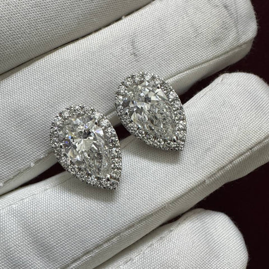 2.57Ct Each Pear Cut Halo Lab Grown Diamond Stud Earrings