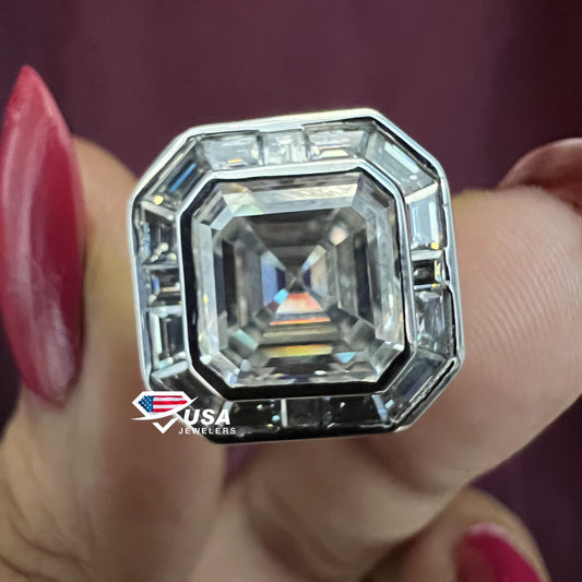 Halo Asscher Cut Moissanite Diamond Bezel Set Engagement Ring
