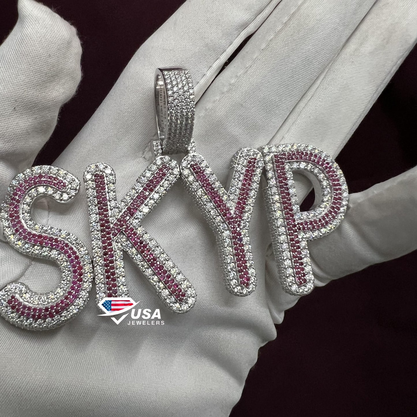 VVS Moissanite & Ruby Diamond "SKYP" Name Fully Iced Out Custom Pendant