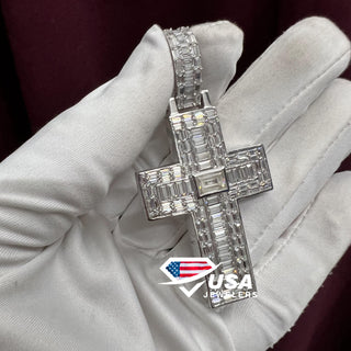 925 Silver Iced out Pendant, Baguette Diamond Jesus Cross Women Necklace Charm