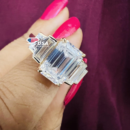 5 Stone Emerald Cut Moissanite Diamond Bezel Set Engagement Ring