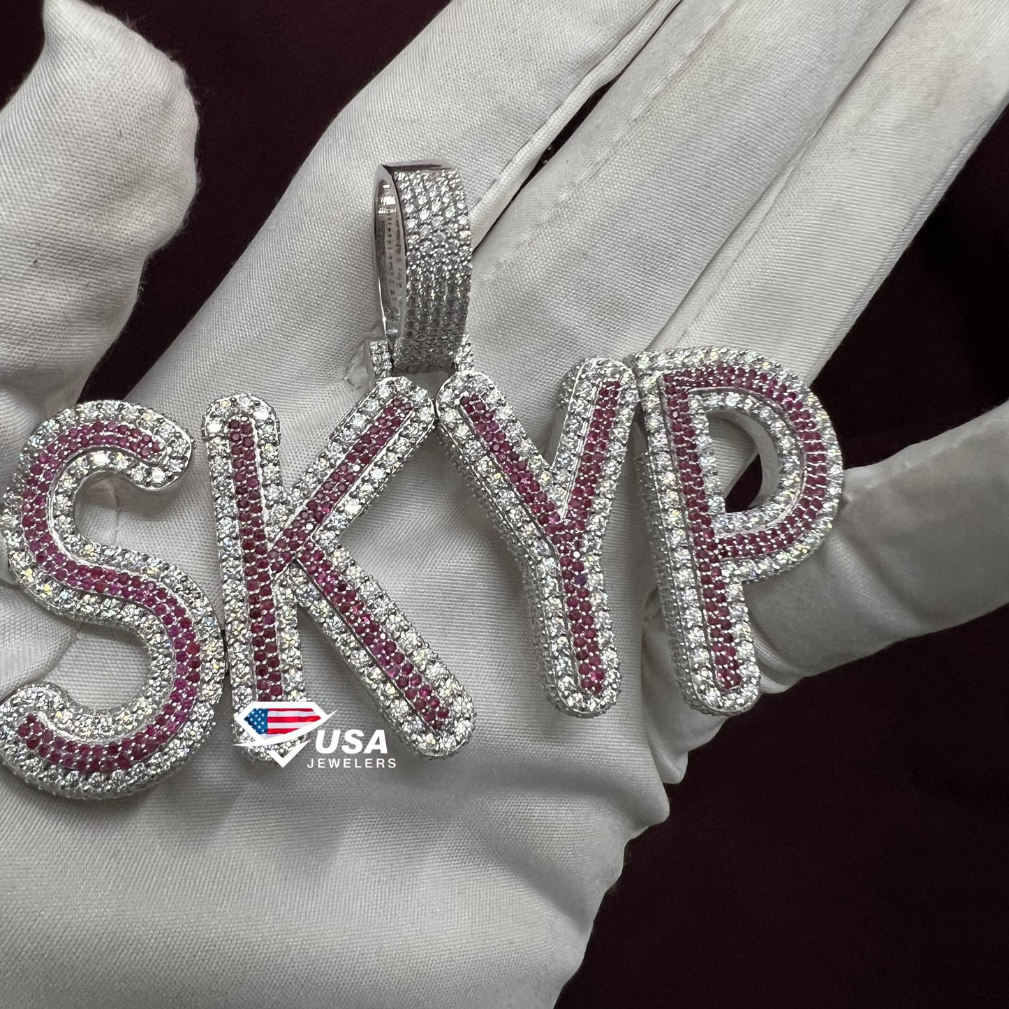 VVS Moissanite & Ruby Diamond "SKYP" Name Fully Iced Out Custom Pendant