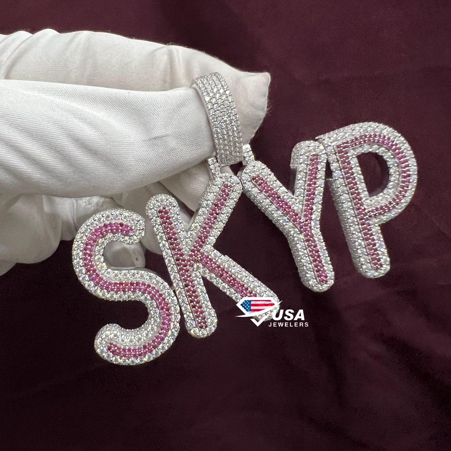 VVS Moissanite & Ruby Diamond "SKYP" Name Fully Iced Out Custom Pendant