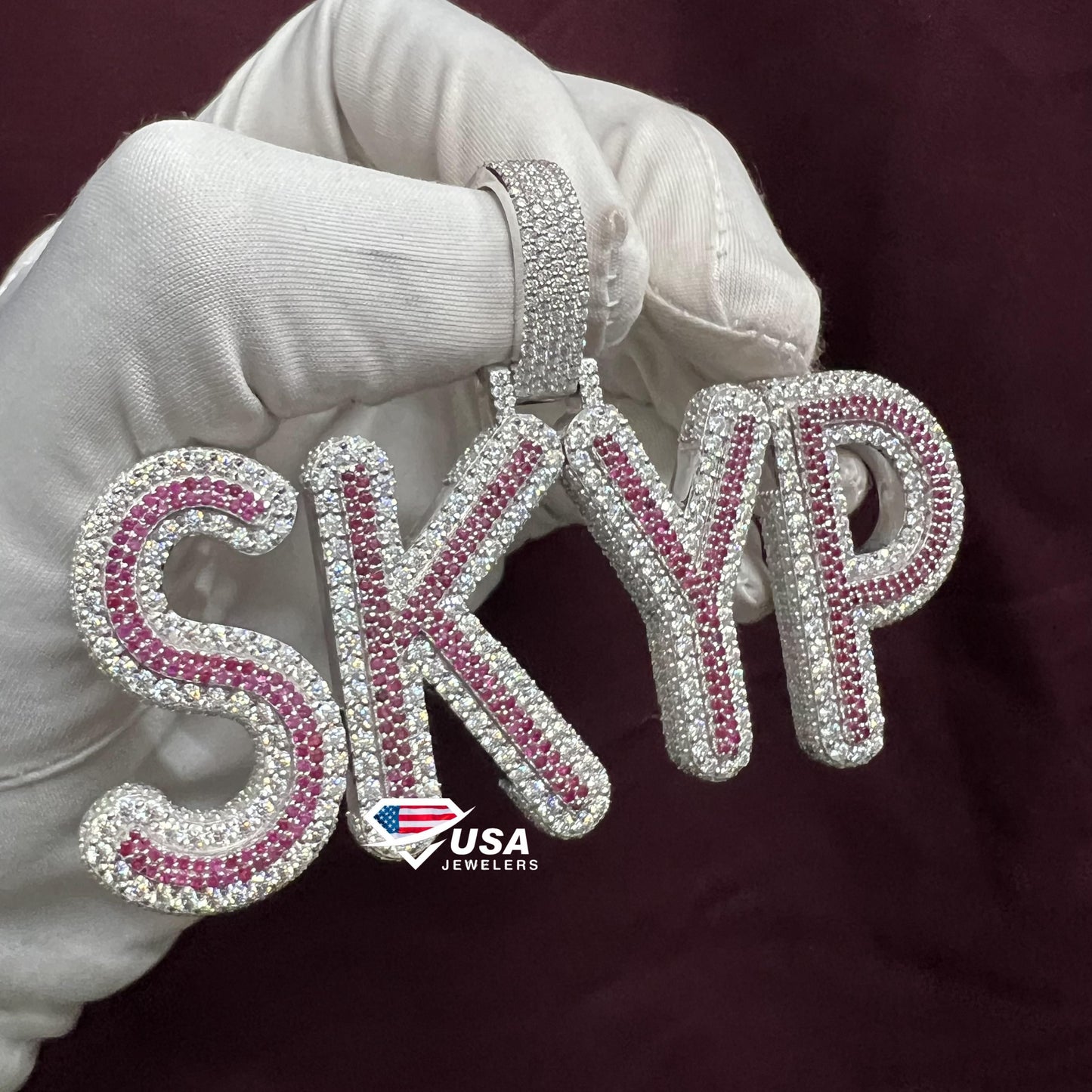 VVS Moissanite & Ruby Diamond "SKYP" Name Fully Iced Out Custom Pendant