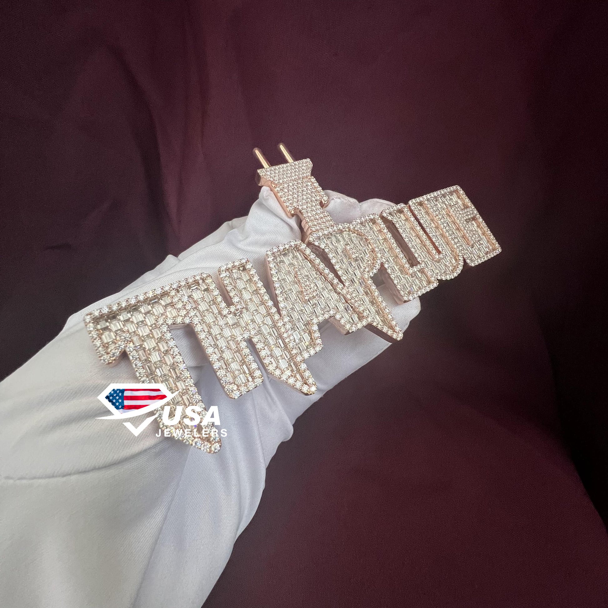 Iced Out Name Pendant for Men ,18kt Rose gold Finish Big Baguette Fashion Statement