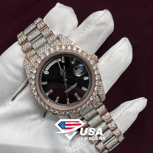 41MM Moissanite Diamond Studded Black Dial Two Tone Watch
