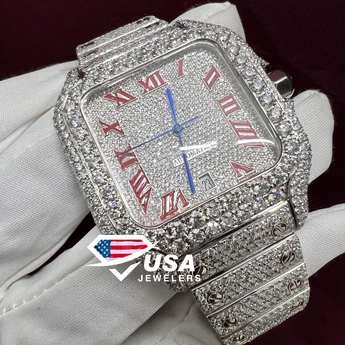 41MM VVS Moissanite Diamond Roman Red Dial Watch