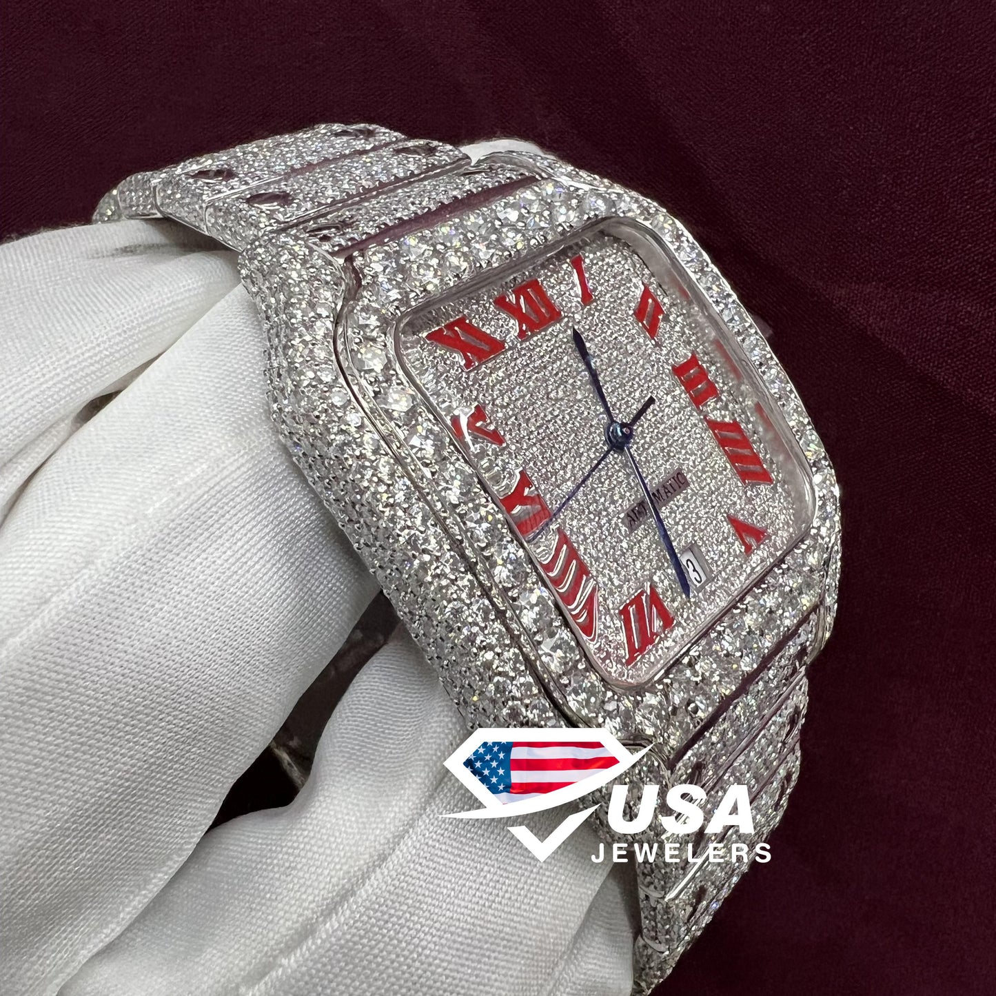 41MM VVS Moissanite Diamond Roman Red Dial Watch