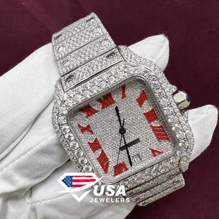 41MM VVS Moissanite Diamond Roman Red Dial Cartier Watch