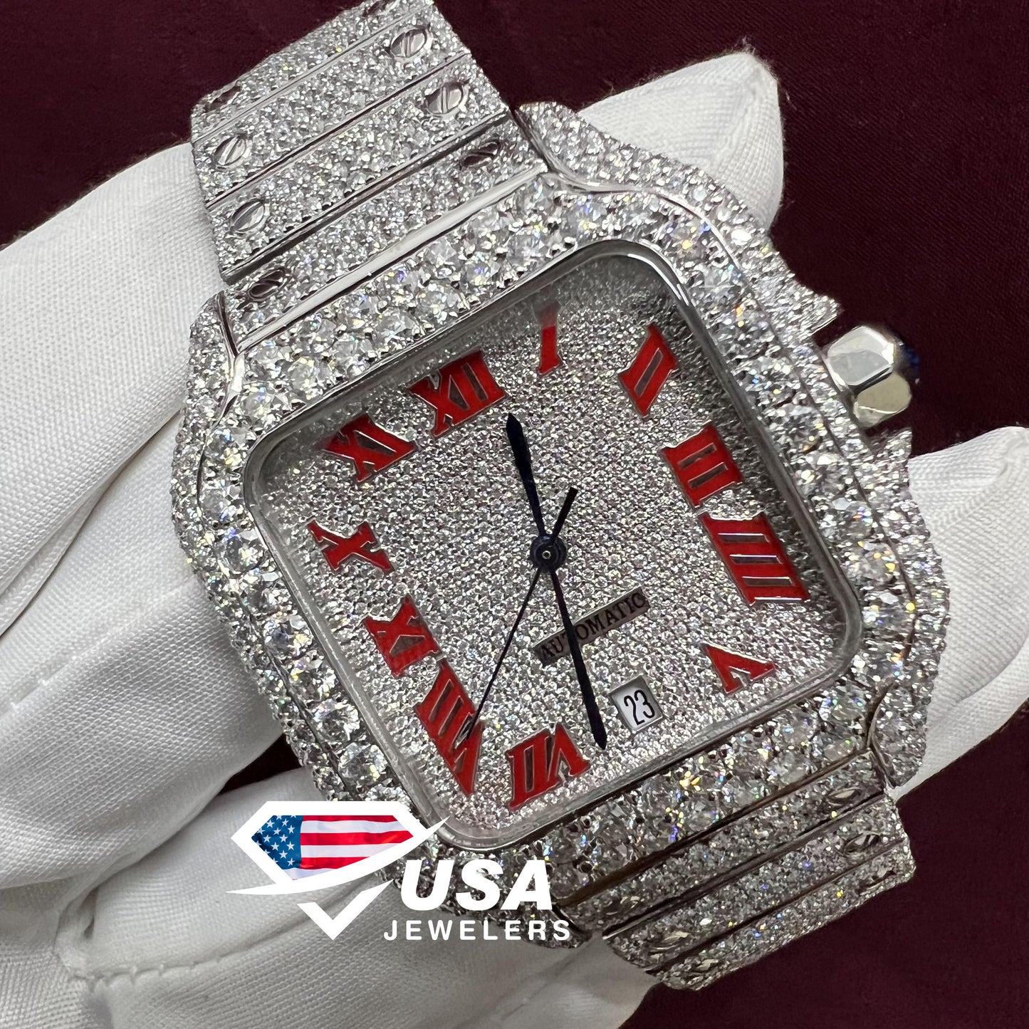 41MM VVS Moissanite Diamond Roman Red Dial Watch