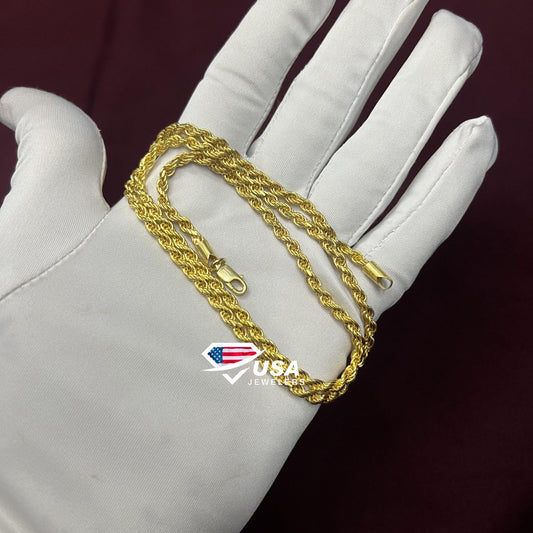 3MM 14K Yellow Gold Plated 925 Sterling Silver Vermeil Rope Chain Necklace