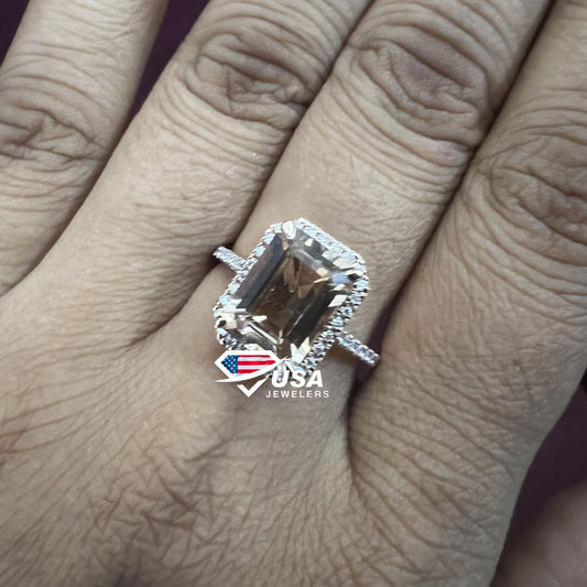 Halo Pink Peach Emerald Cut Morganite Diamond Set Wedding Ring
