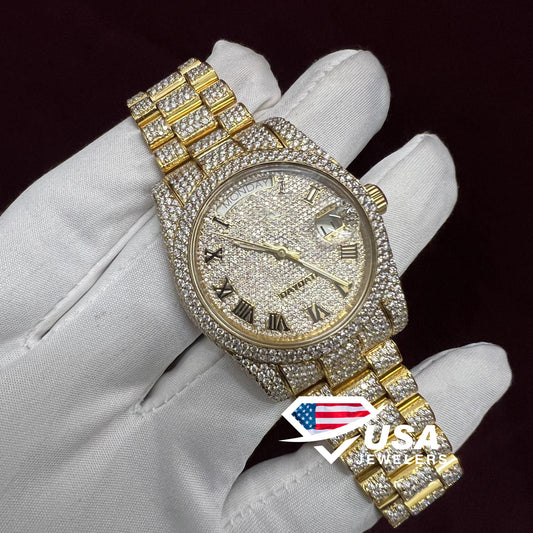36MM Moissanite Diamond Studded Yellow Watch