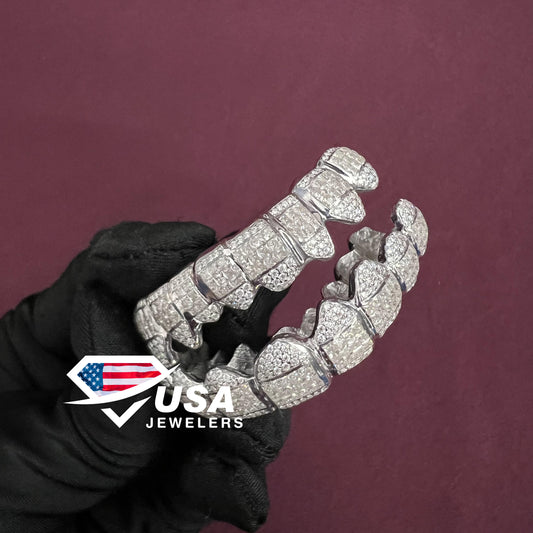VVS1 Moissanite Diamond Top and Bottom Princess Diamond Grillz Set, Silver Grillz