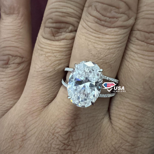 8Ct Solitaire Iced Crushed Oval Moissanite Diamond Split Shunk Wedding Ring
