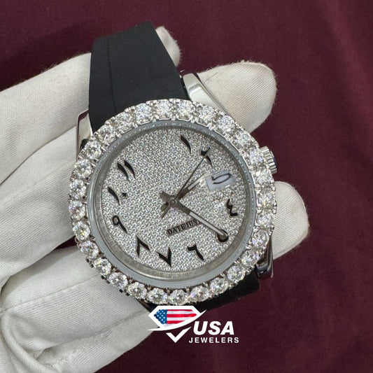 41MM Moissanite Diamond Arabic Dial Black Silicon Band Fully Iced Out Watch