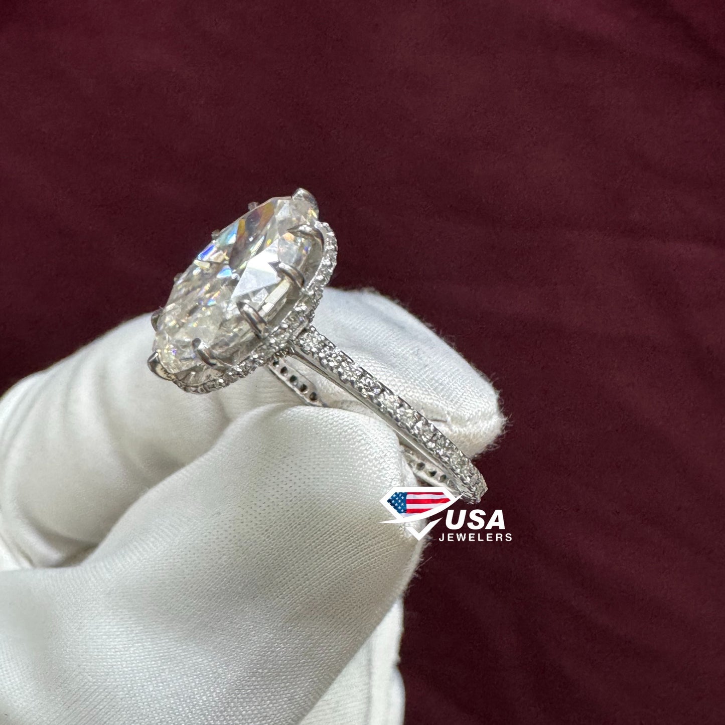 VVS Moval Cut Lab Diamond Hidden halo Engagement Ring
