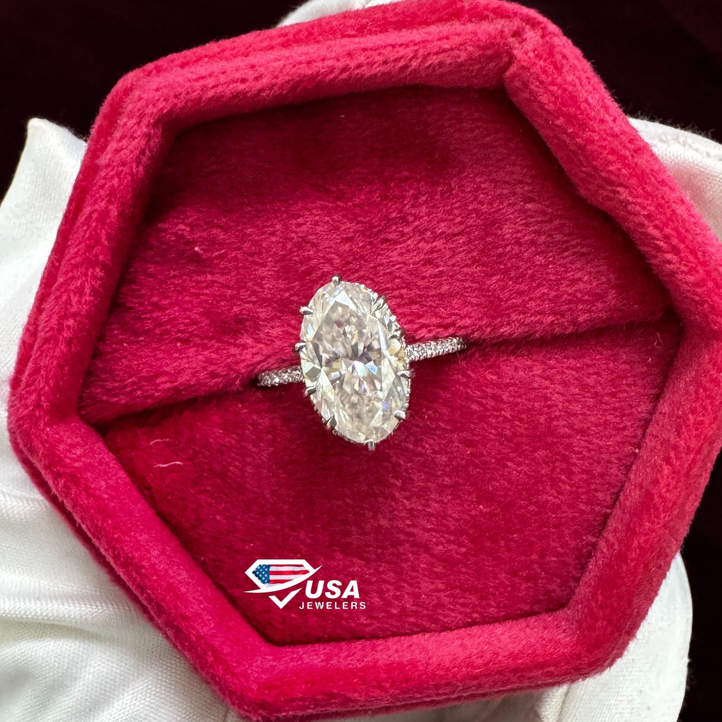 VVS Moval Cut Lab Diamond Hidden halo Engagement Ring