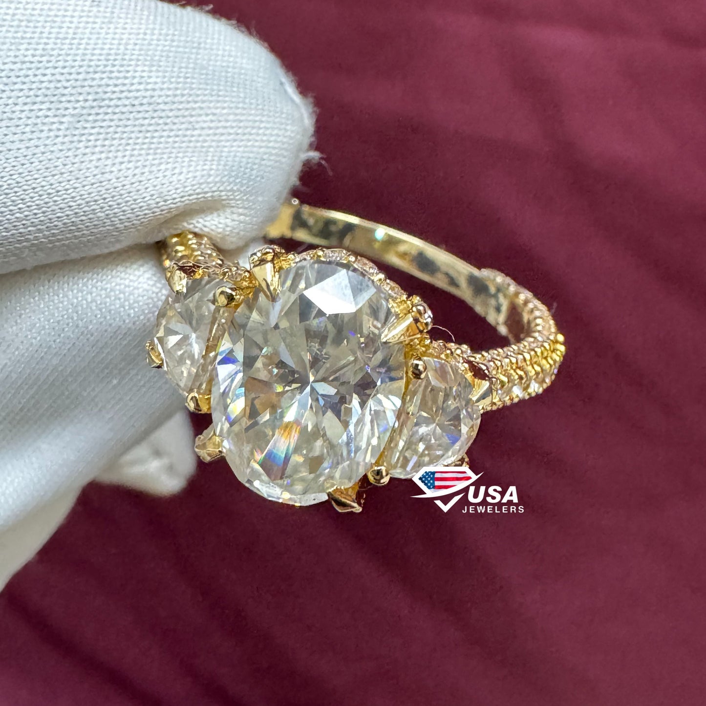 VVS Oval Cut Lab Diamond Three Stone Hidden halo Wedding Ring
