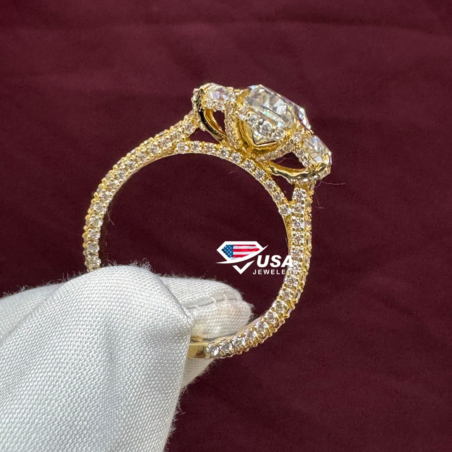 VVS Oval Cut Lab Diamond Three Stone Hidden halo Wedding Ring